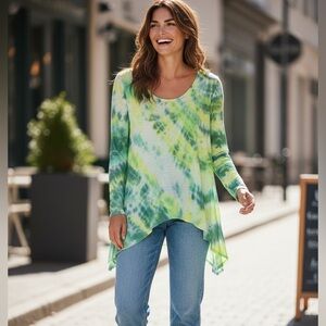 Soft Joie Lightweight Sheer Drapey Green & Yellow Tie-Dye Long Sleeve Top